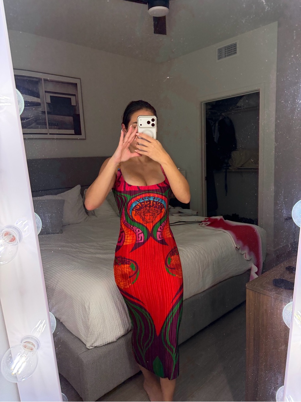 Versace Red Multicolor Sleeveless Bodycon Midi Dress